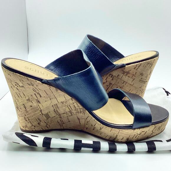 Schutz Kai Soft Black Leather Slip On Cork Wedge Sandal 10 NEW Dustbag - Picture 7 of 10